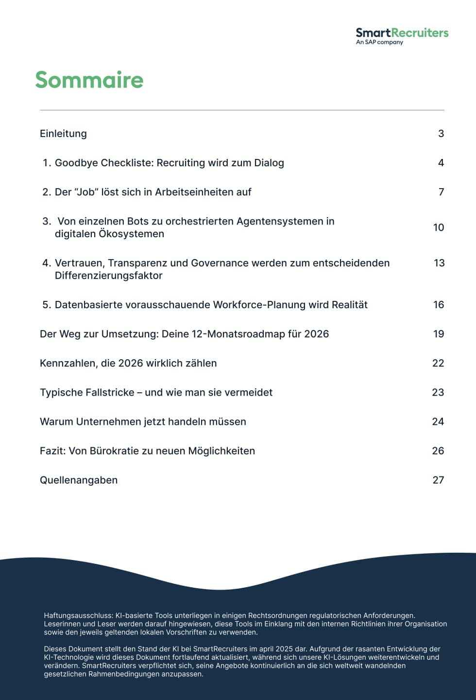 Table of contents page labeled 'Sommaire' showing section titles and page numbers; SmartRecruiters logo top right.